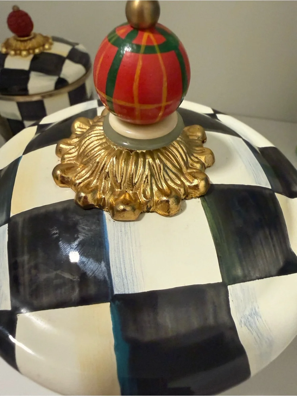 MacKenzie-Childs Black & White Courtly Check Ceramic Canister with Tartan Finial